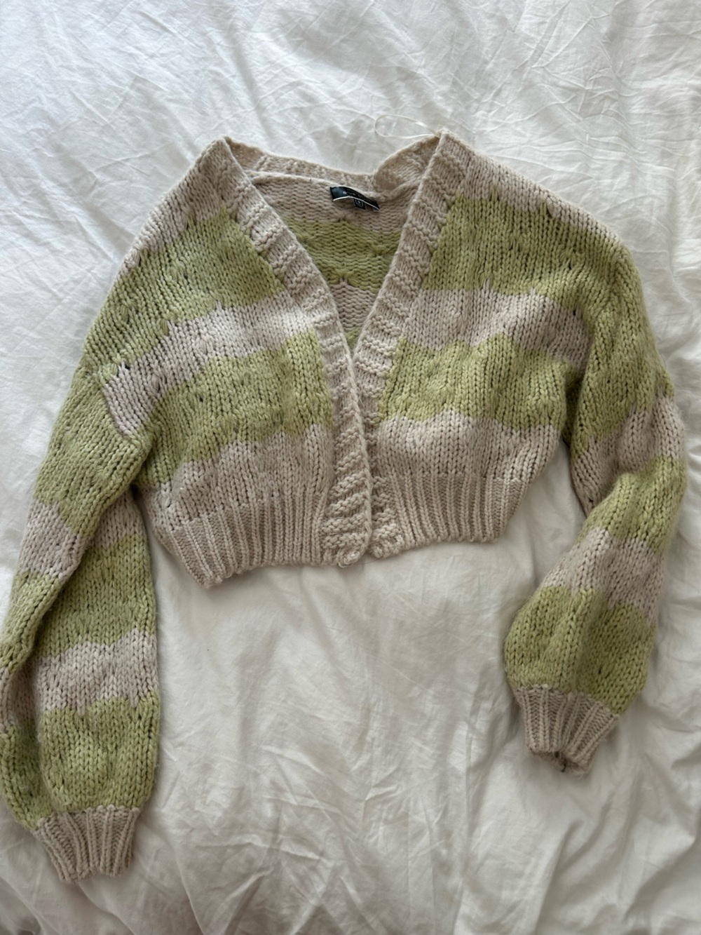 Blue Blush Cropped V-Neck Cardigan in Sage Green and Cream